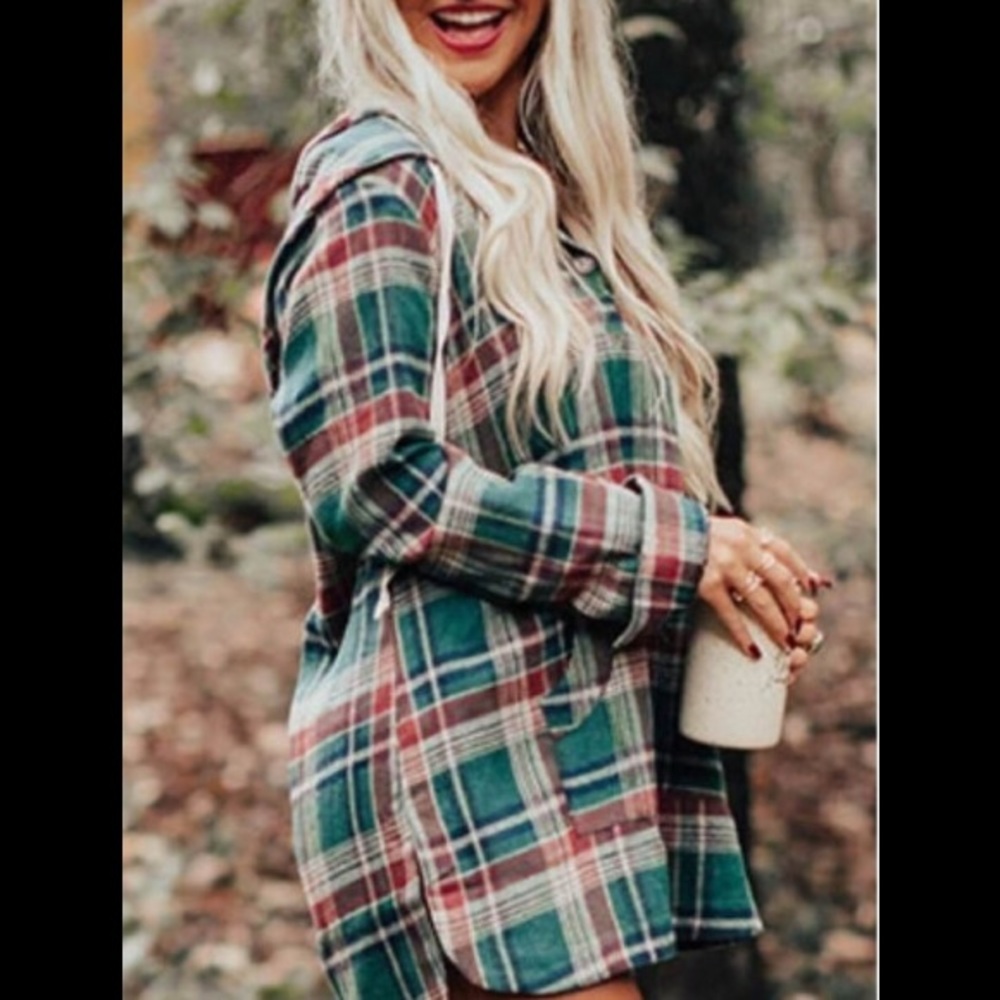 Hooded Flannel Plaid Loose V-Neck Few Buttons 🦘Pocket Drawstring Pullover Shirt - Picture 3 of 14